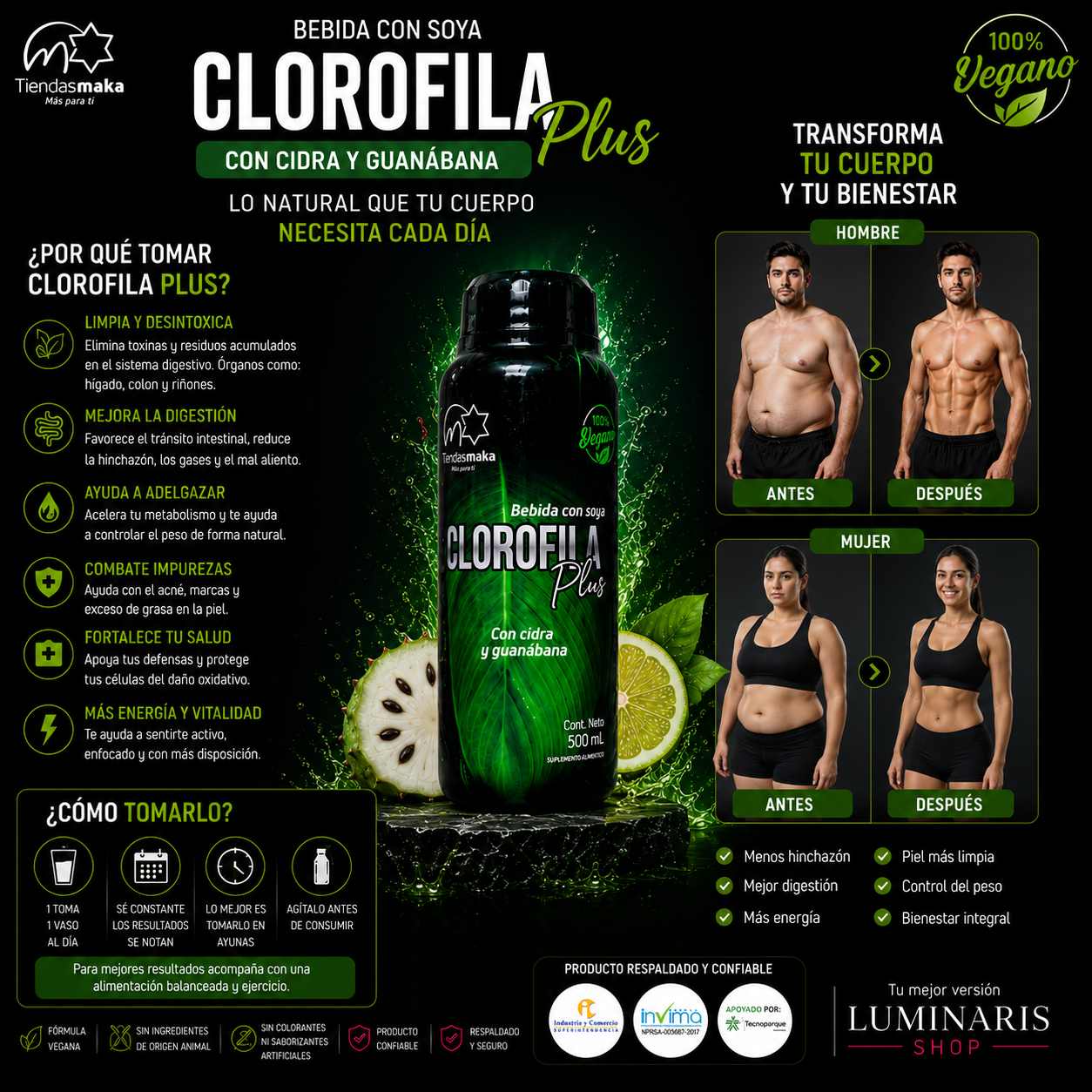 🌿 Clorofila Plus 500ml · Desintoxica, Energiza y Mejora tu Digestión desde el Primer Día · Bebida Natural con Soya, Cidra y Guanábana ·