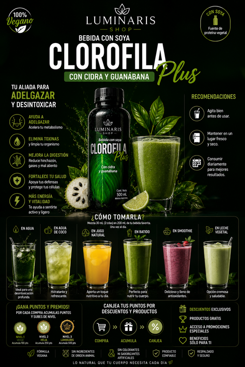 🌿 Clorofila Plus 500ml · Desintoxica, Energiza y Mejora tu Digestión desde el Primer Día · Bebida Natural con Soya, Cidra y Guanábana ·