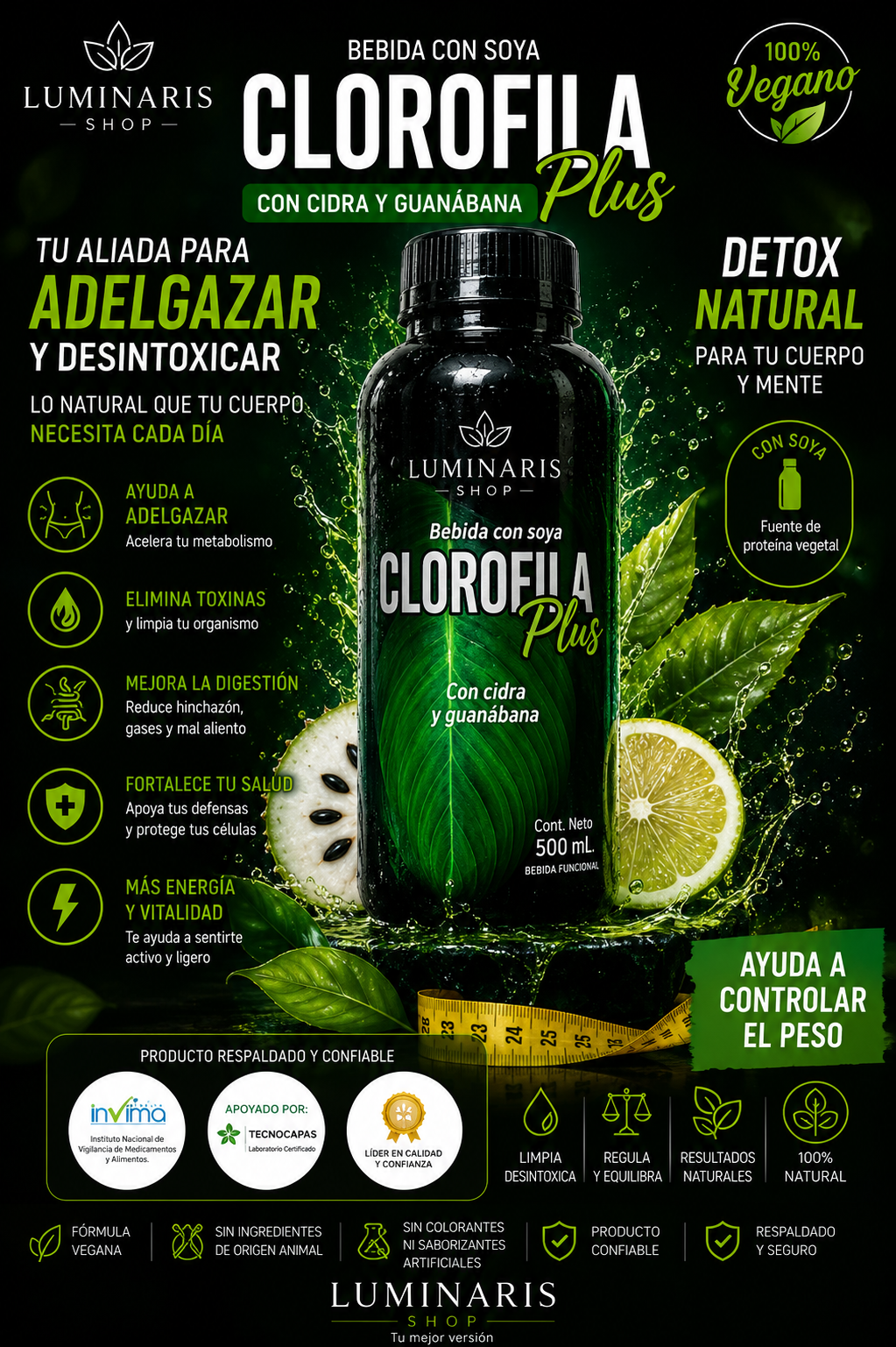 🌿 Clorofila Plus 500ml · Desintoxica, Energiza y Mejora tu Digestión desde el Primer Día · Bebida Natural con Soya, Cidra y Guanábana ·